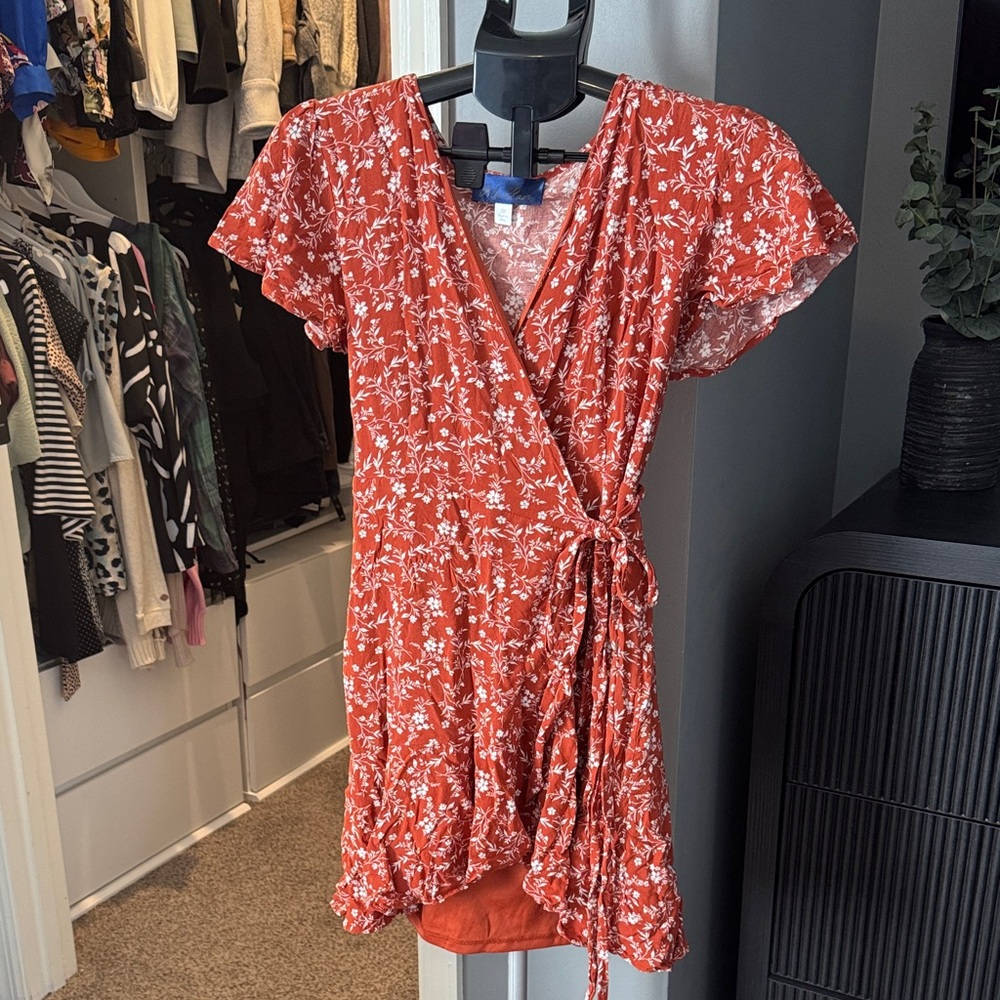 Rust Floral Wrap Dress